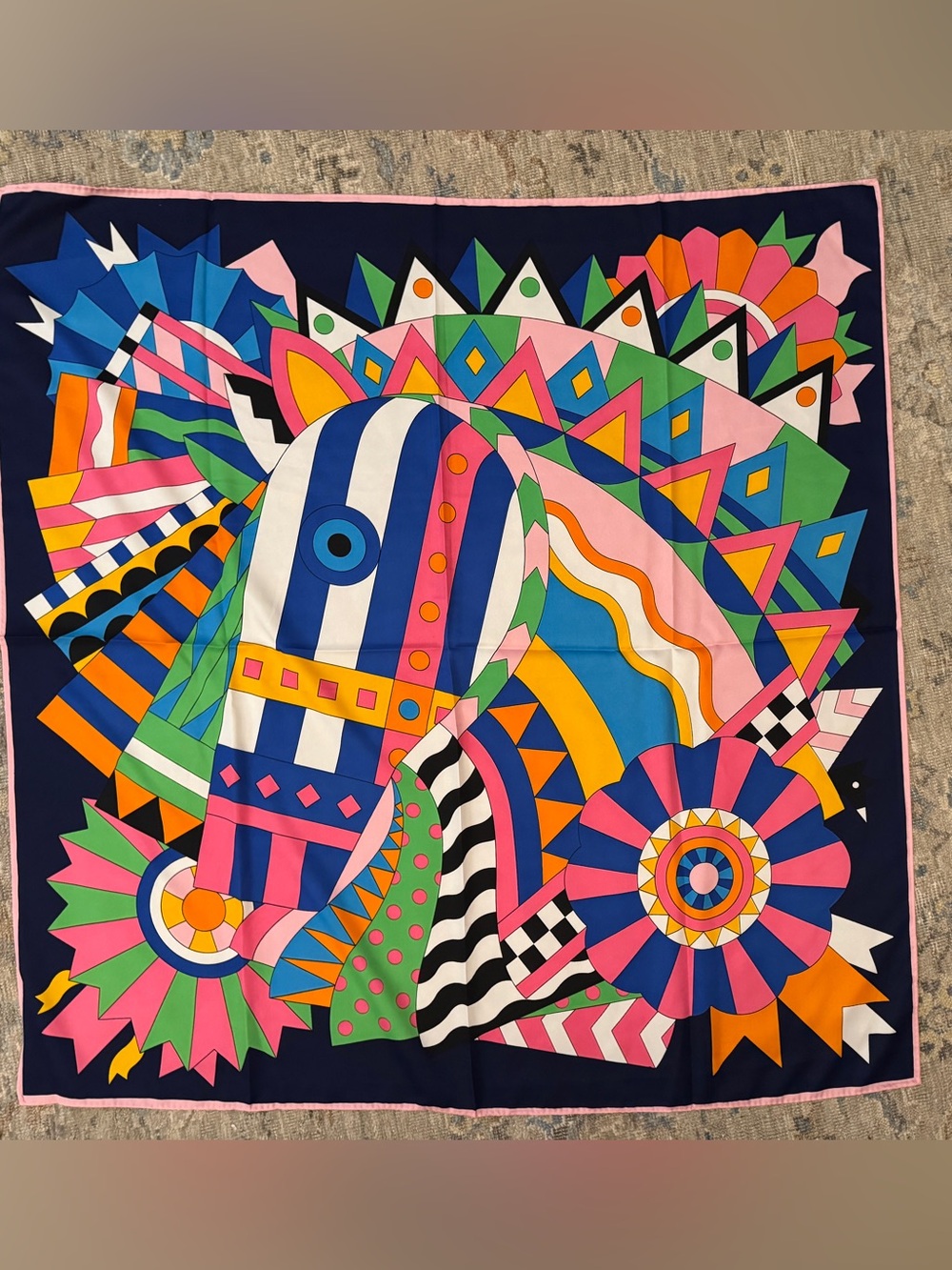 Designer-style 90cm Silk Blue Pink Geometric Horse Art Scarf Print-New